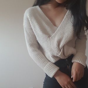 Cream Ann Taylor V-Neck Ribbed Cable Sweater